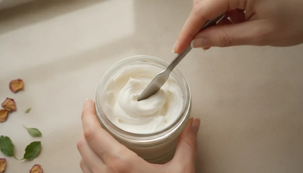 Close-up of a small clean airtight container with a homemade cream being stirred with a spatula Ingredients like baby oi