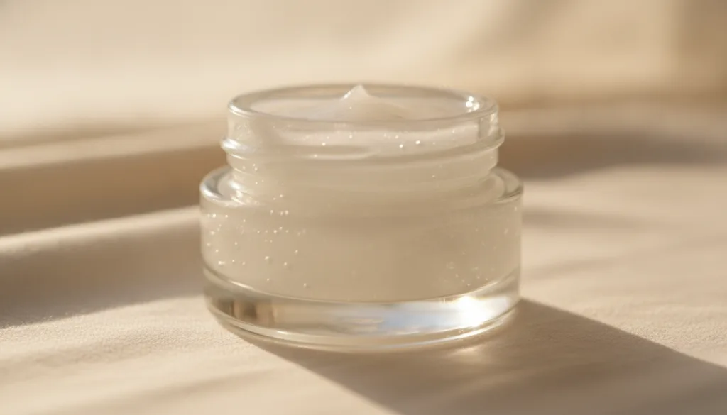 A small clear jar filled with the freshly mixed DIY glass skin balm with a smooth glossy texture placed on a gentle soft