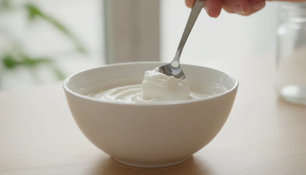 A close-up of a DIY rice and Vaseline mask being mixed in a small white bowl with a spoon showing a creamy texture A han
