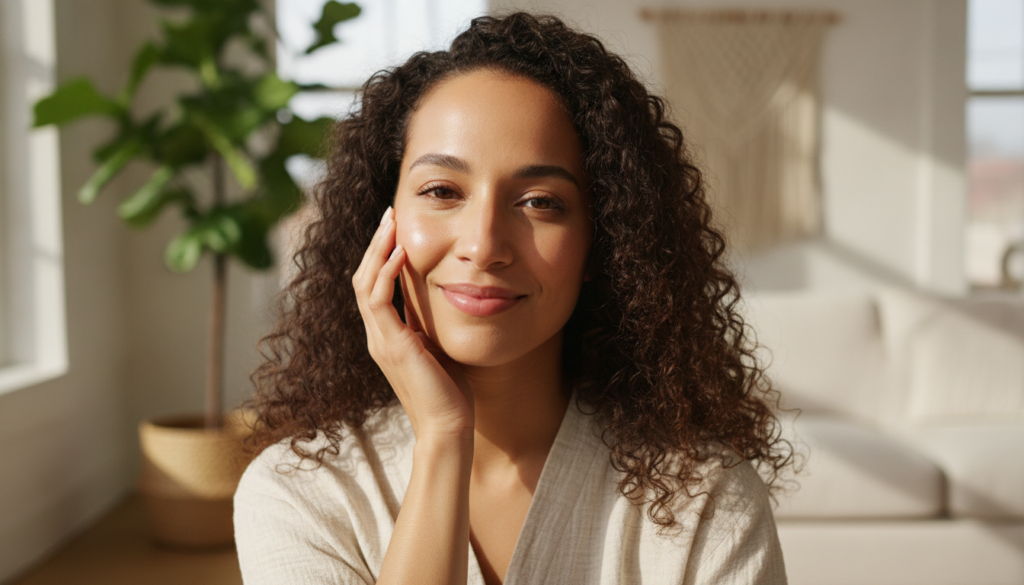 A woman gently touching her smooth glowing face with a soft natural background conveying healthy and radiant skin