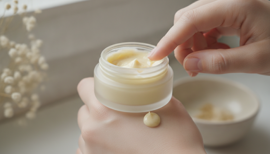 Close-up of a small glass jar filled with the finished DIY collagen cream showing a creamy light yellow texture possibly