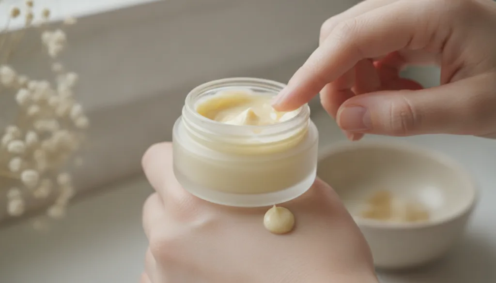 Close-up of a small glass jar filled with the finished DIY collagen cream showing a creamy light yellow texture possibly