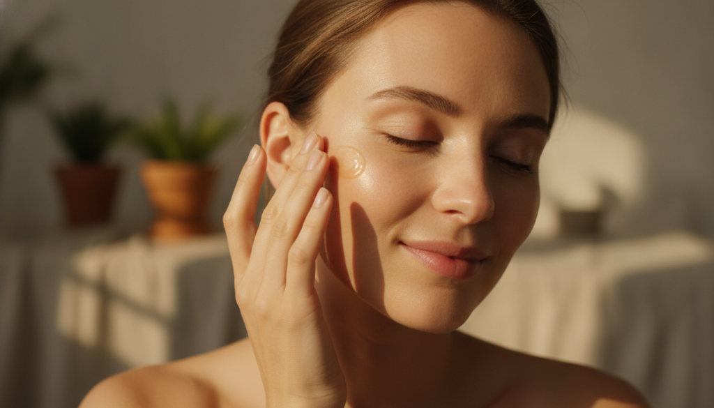A woman gently applying a small amount of balm to her face focusing on her cheek or forehead Her skin looks soft and hyd