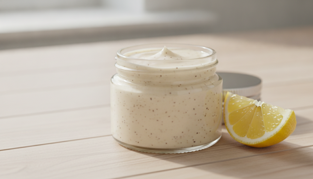 A small clean glass jar filled with the freshly made lemon Vaseline and clove balm The balm is a creamy off-white color