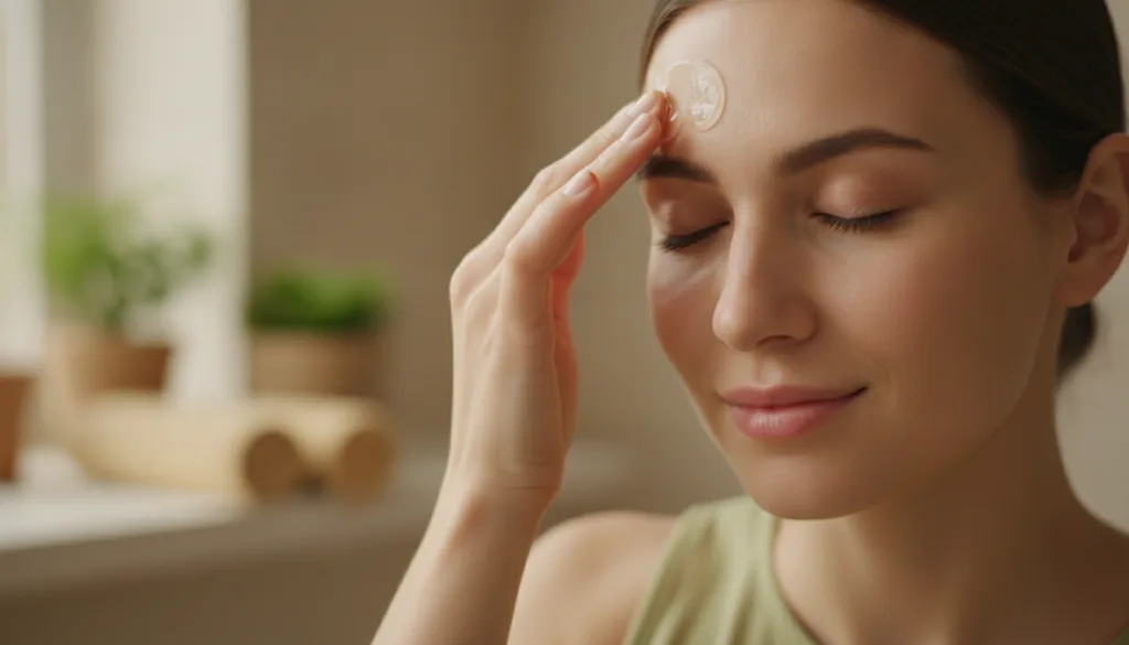 A person gently applying a clear glossy gel to their face specifically around the forehead or eye area with a soft warm