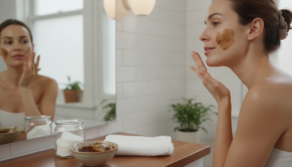 A woman gently applying the homemade coffee and Vaseline mask to her cheek looking in a mirror
