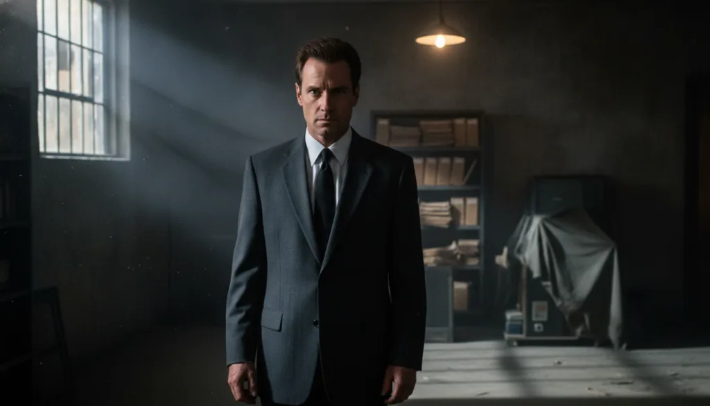 A real publicity photo of David Duchovny as Fox Mulder from The X-Files looking intense and serious in a dark suit perha