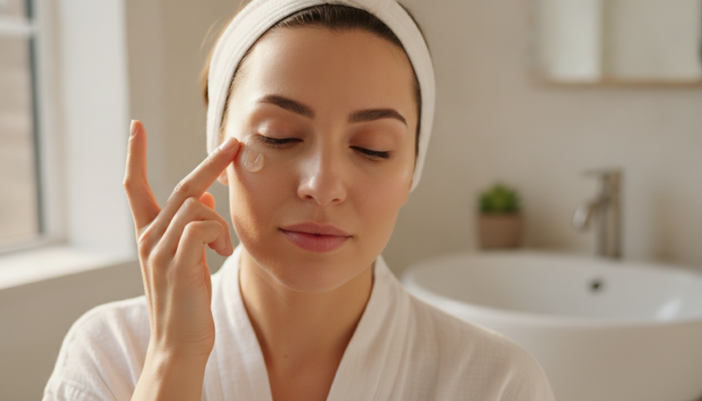 A woman gently applying a clear homemade gel to her face specifically targeting fine lines around her eyes or forehead w