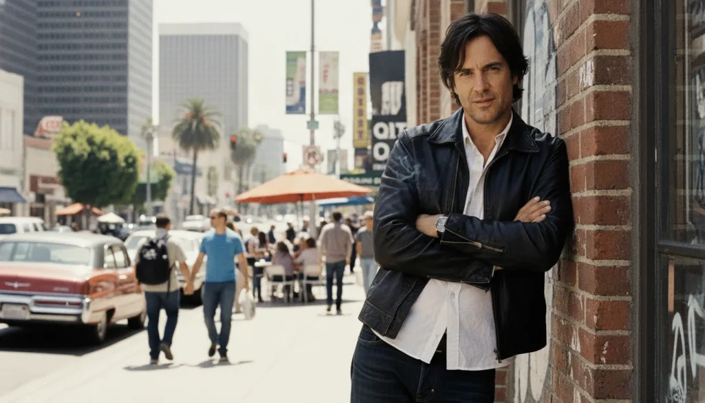 A real promotional image or still from David Duchovny s later series Californication showing him in a more relaxed moder