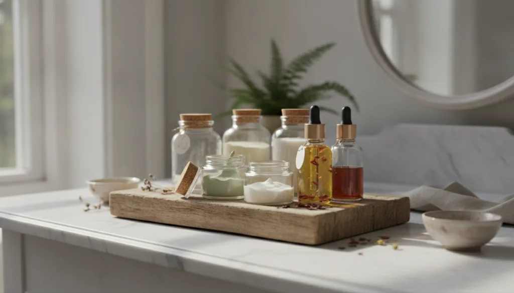 A variety of small glass jars and bottles neatly arranged on a wooden tray filled with different DIY skincare mixtures a