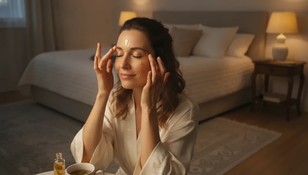 A woman gently massaging baby oil infused with cloves onto her face at night with a soft warm glow on her skin