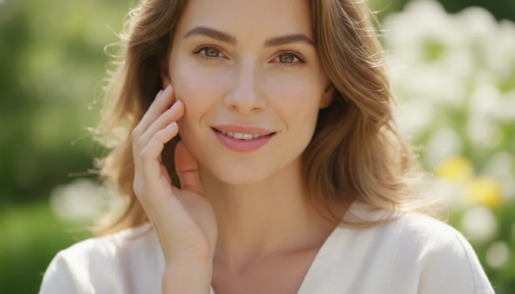 A woman gently touching her smooth glowing cheek smiling slightly showcasing healthy and well-hydrated skin