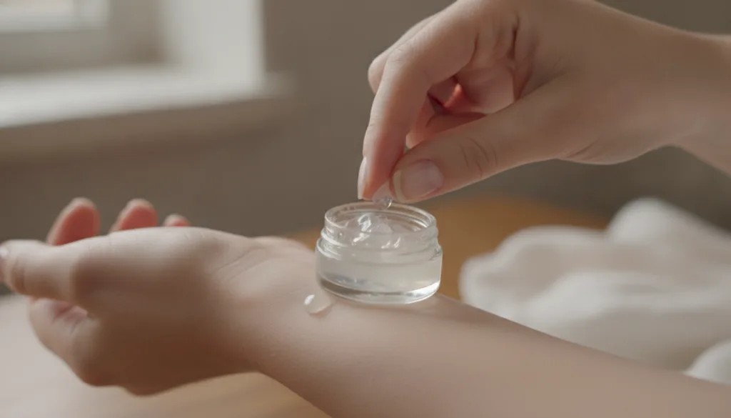 A close-up of a hand performing a patch test on the inner wrist with a small dab of Vaseline emphasizing safety first