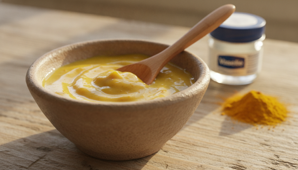 A small bowl containing a yellow Vaseline and turmeric paste with a spoon turmeric powder and a Vaseline jar nearby