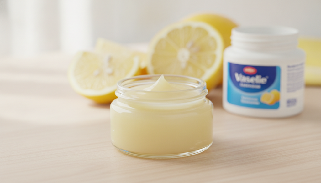 A small glass jar with a DIY Vaseline and lemon balm mixture with fresh lemon slices and a jar of Vaseline in the backgr