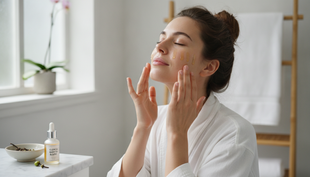 A woman gently massaging a few drops of the clove and baby oil blend onto her clean face with a serene expression