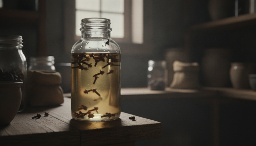 A glass jar containing baby oil with whole cloves infusing inside sitting on a shelf in a cool dark pantry