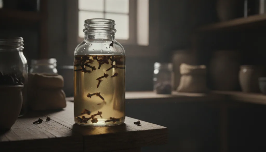 A glass jar containing baby oil with whole cloves infusing inside sitting on a shelf in a cool dark pantry