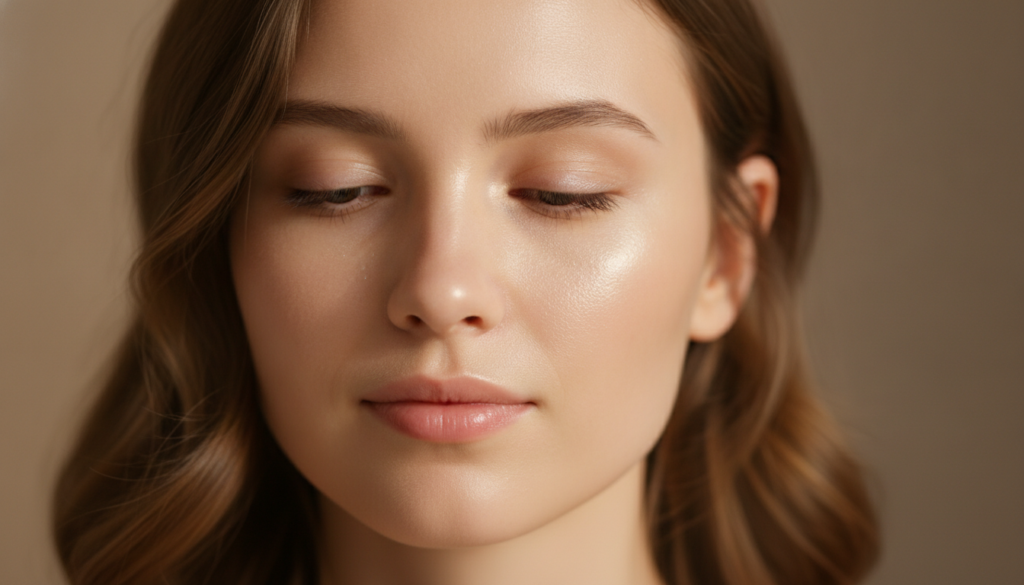A close-up of a woman s radiant clear skin after using a natural brightening mask showing an even tone and healthy glow