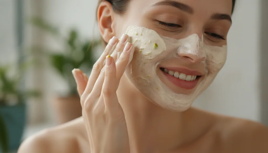 A close-up of a woman s hands applying a DIY face mask to her clean face showing a smooth creamy texture on her skin wit