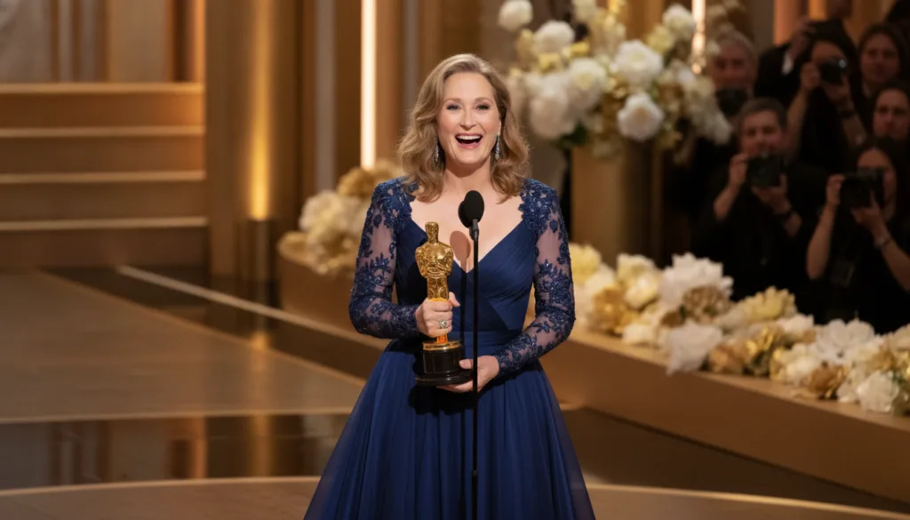 Meryl Streep holding an Academy Award smiling at an awards ceremony dressed elegantly
