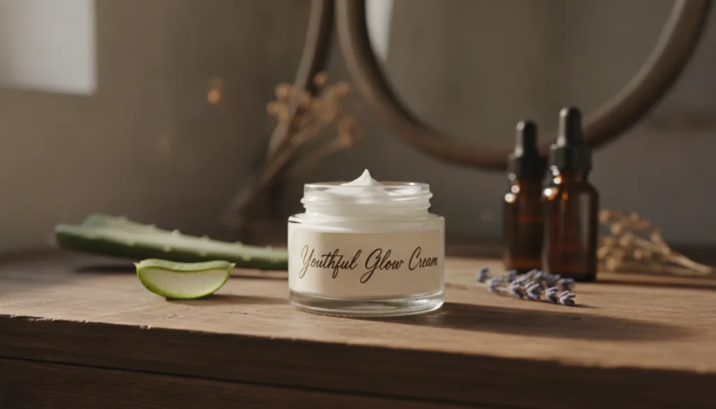 A small clean glass jar filled with a smooth white homemade cream with a label indicating it s a DIY anti-aging cream pl
