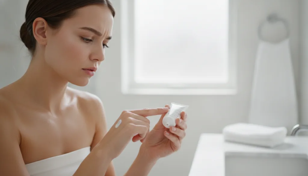A woman applying a small amount of cream to her inner arm for a patch test with a focused and cautious expression in a w