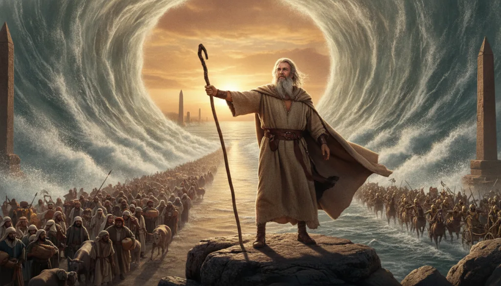 Charlton Heston as Moses in The Ten Commandments holding the staff and parting the Red Sea