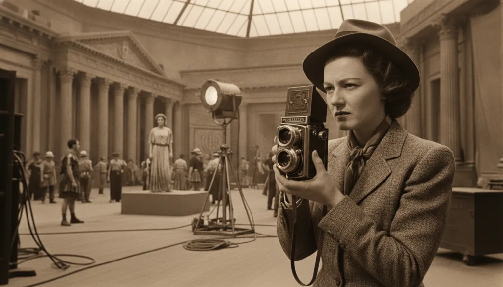 Lydia Clarke Heston taking a photograph on a film set
