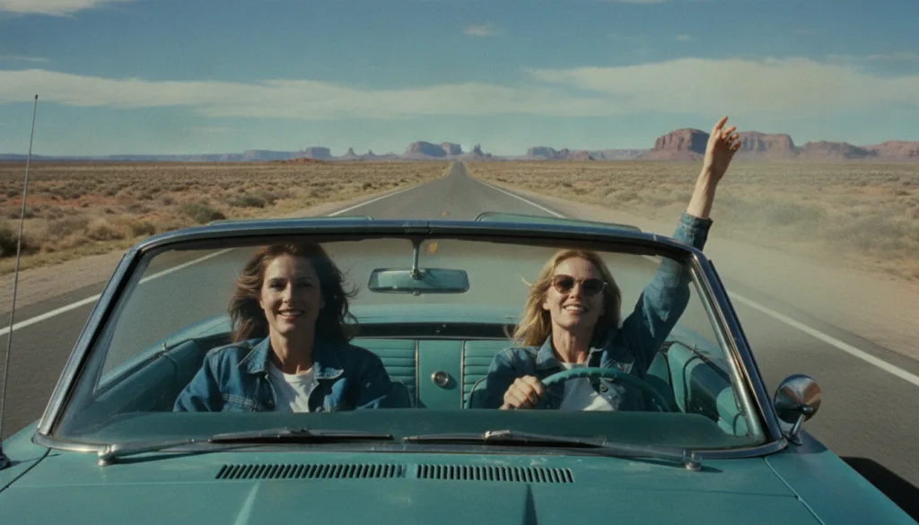 Still image of Susan Sarandon and Geena Davis in a scene from the movie Thelma Louise driving a convertible