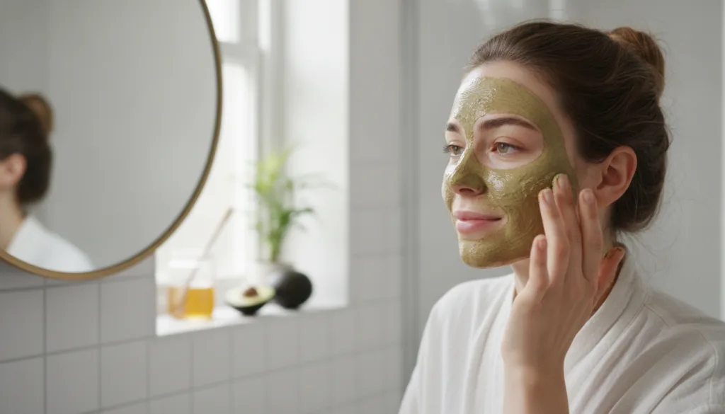 A woman gently applying a natural face mask to her clean glowing skin in a bright relaxed setting