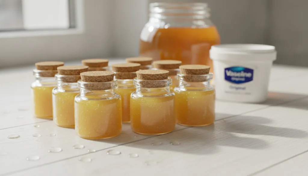 Small clean glass jars of homemade honey balm with ingredients like honey and Vaseline in the background on a light surf