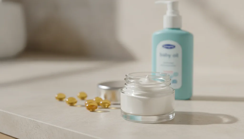 A small clear glass jar filled with a creamy white homemade skincare mixture with a few vitamin E capsules and a bottle 