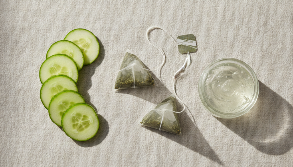 Flat lay of green tea bags fresh cucumber slices and a small container of aloe vera gel arranged neatly suggesting ingre