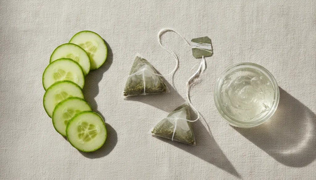 Flat lay of green tea bags fresh cucumber slices and a small container of aloe vera gel arranged neatly suggesting ingre
