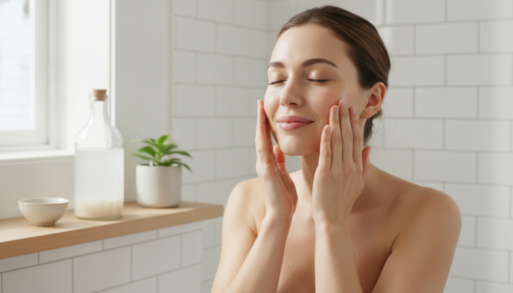 A woman gently patting rice water onto her face with her hands in a clean brightly lit bathroom smiling softly with a bo