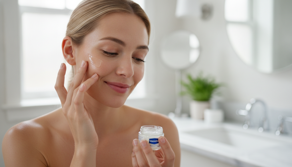 A woman gently applying a thin layer of Vaseline to her clean glowing face with a soft smile