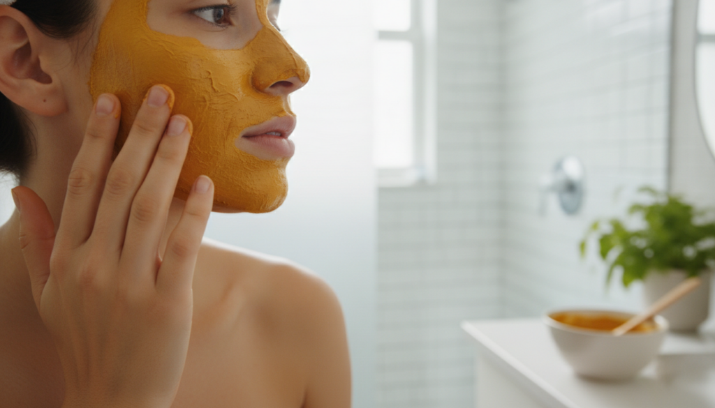 A person s hand applying a golden turmeric mask to their cheek with a gentle and focused expression