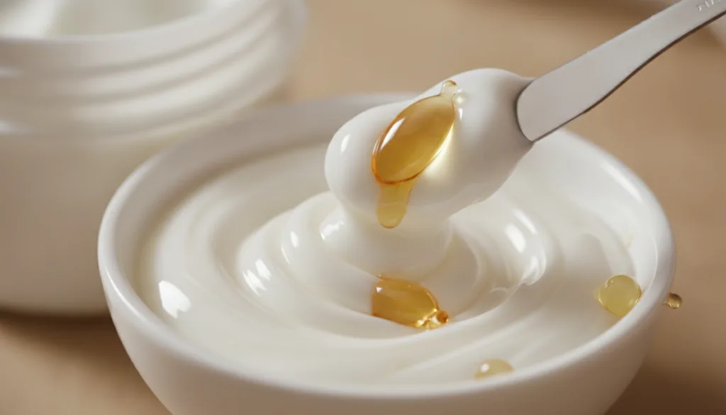 Close-up of Vaseline being mixed with the clear oil from a punctured Vitamin E capsule in a small white ceramic dish wit