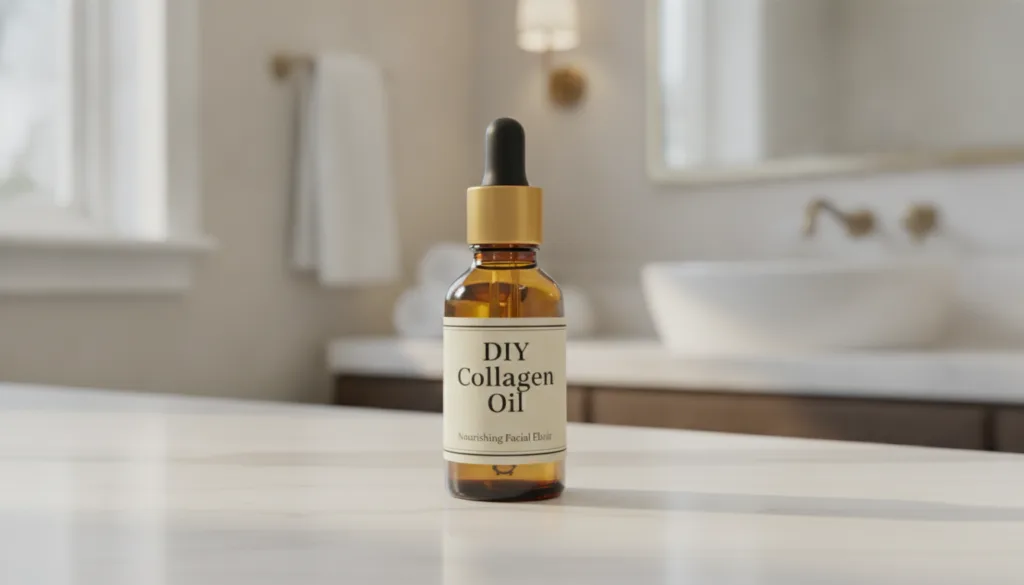 A small dark amber glass dropper bottle filled with golden oil labeled DIY Collagen Oil on a elegant vanity with soft li