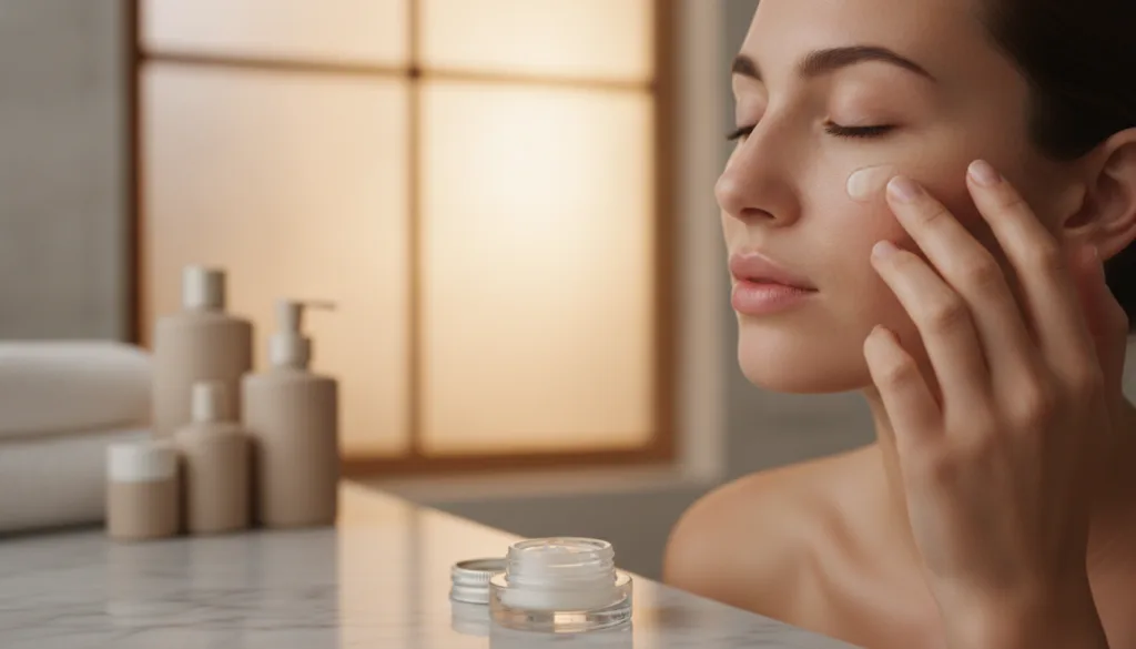 A woman gently patting the DIY Vaseline beauty balm around her eye area with her ring finger showcasing the application 