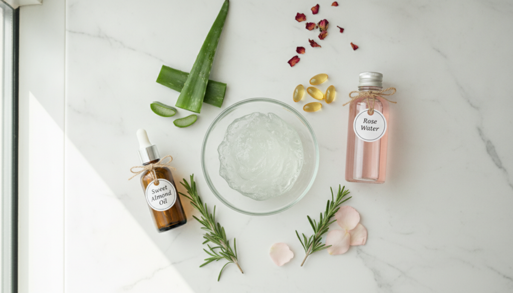 Various natural ingredients for the gel recipe laid out on a clean kitchen counter a bowl of fresh aloe vera gel a bottl
