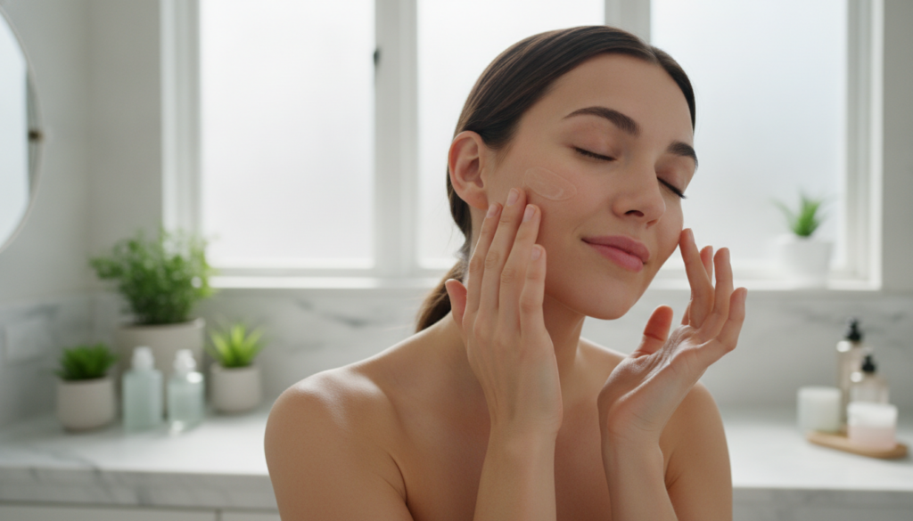 A woman gently applying a small amount of the natural beauty gel to her clean face massaging it into her skin with soft 