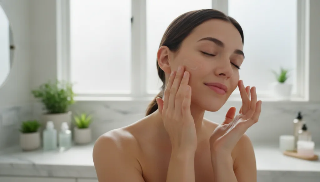 A woman gently applying a small amount of the natural beauty gel to her clean face massaging it into her skin with soft 