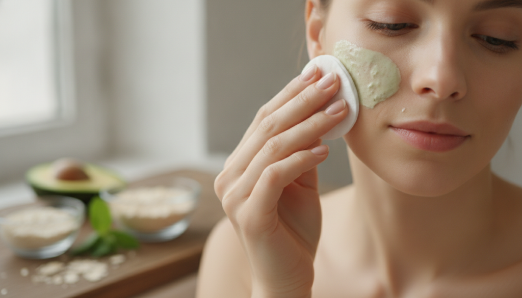A close-up of a hand gently applying a Vaseline and natural ingredient mixture to a cheek showing glowing healthy skin