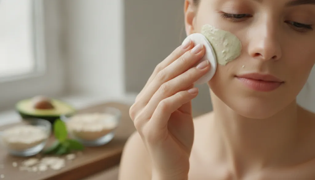 A close-up of a hand gently applying a Vaseline and natural ingredient mixture to a cheek showing glowing healthy skin