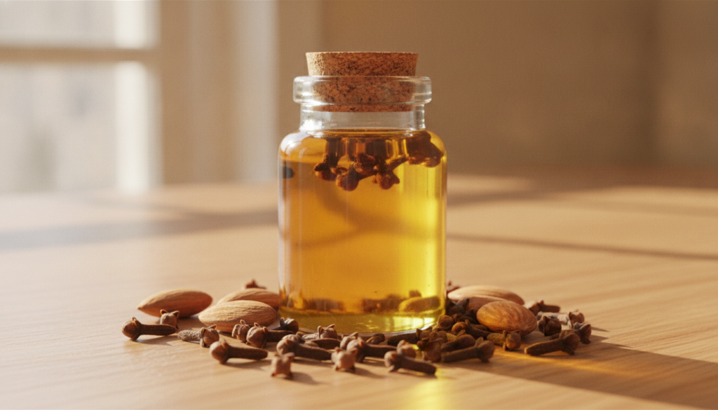 A small glass jar of golden clove-infused almond oil on a wooden surface surrounded by loose whole cloves and a few almo