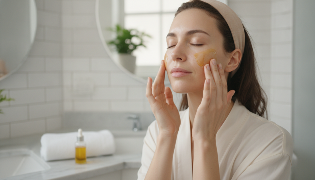 A woman gently massaging a golden-hued oil onto her clean face with a soft glowing complexion in a bright bathroom setti