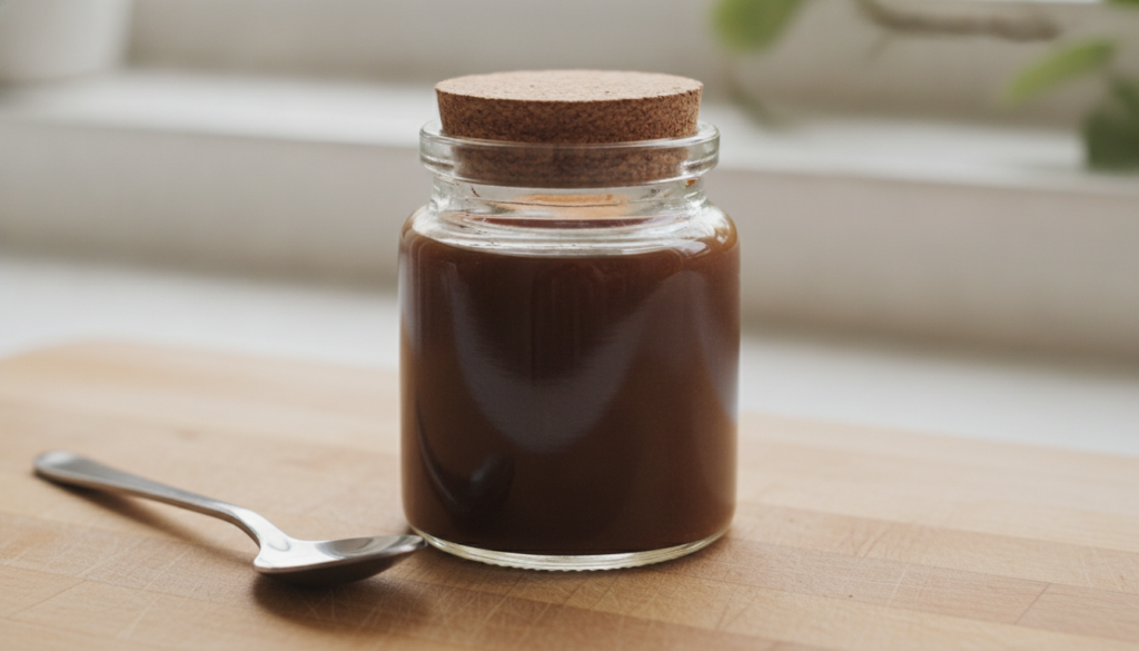 Close-up of a small glass jar containing a mixture of coffee grounds and baby oil with a spoon beside it suggesting a DI