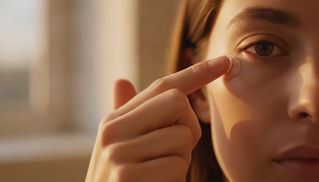 A person s hand gently dabbing a tiny amount of petroleum jelly around their eye area emphasizing the delicate applicati